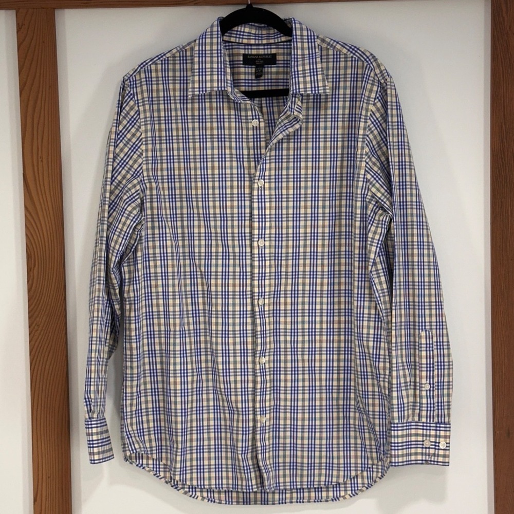 Banana Republic Non Iron Slim‎ Fit Shirt Mens L 16-16.5 34-35 Blue Yellow Plaid